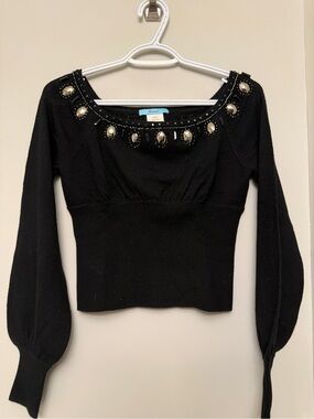 Guess by Marciano Black Bejeweled Scoop-Neck Knit Top